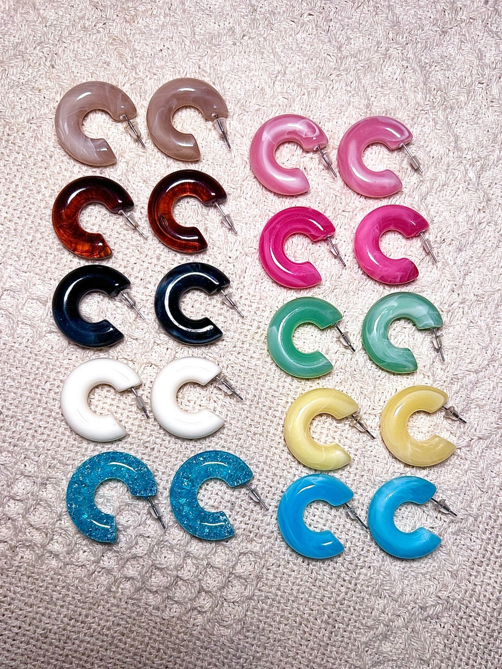 Colorful C-Shaped Hoop Earrings Bundle: 10 sets of hoops
